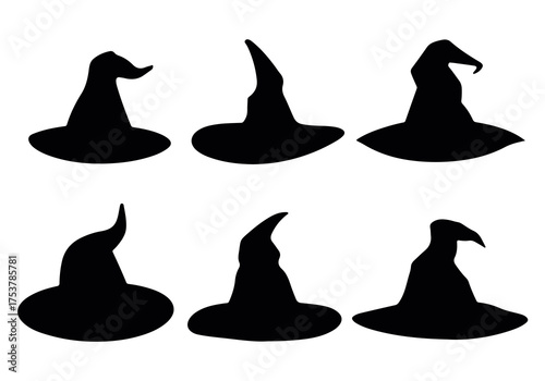 Set of black silhouettes of witch hats on white background, perfect for Halloween designs, party decorations and spooky illustrations