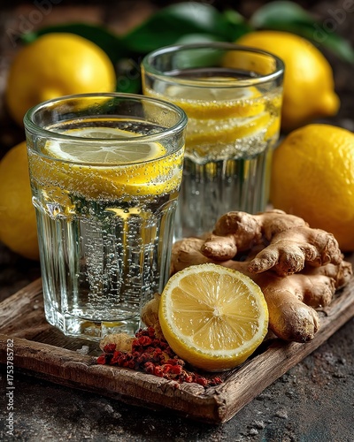 Citrus Ginger Infusion in Glass with Ice Cubes