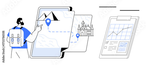 Backpacker pointing at digital maps with routes, mountains, and landmarks. Nearby, a clipboard with data and analytics graphs. Ideal for travel, technology, planning, exploration research