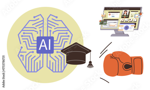AI brain structure, graduation cap, computer with digital content, and boxing glove. Ideal for technology, learning, innovation, competition, digital solutions education tools motivation in