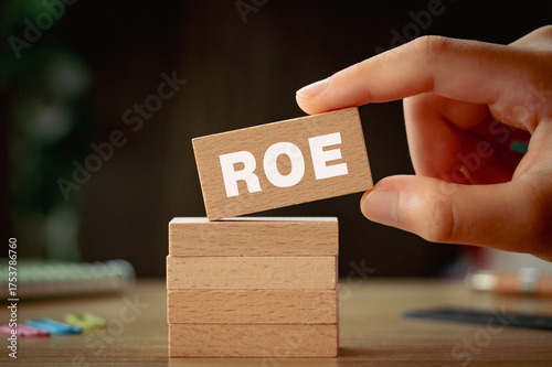 There is wood block with the word ROE. It is an abbreviation for Return On Equity as eye-catching image.