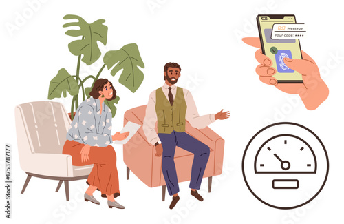 Two seated individuals in conversation near plants, a smartphone screen showing security code input, and a speedometer outline. Ideal for communication, teamwork, digital security, verification