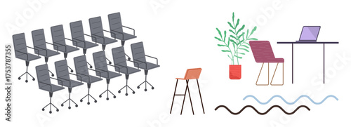 Rows of conference chairs alongside a simple desk with laptop, chair, potted plant, and abstract waves. Ideal for collaboration, workspace redesign, flexibility, modern office, balance productivity