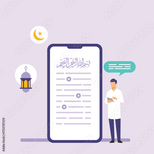 Muslims read the Quran on smartphones. Stock Illustrations