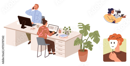 Team collaborating at desk with plants nearby, camera operator filming, person holding mask. Ideal for teamwork, workplace, creativity, duality, personal identity, communication diversity simple