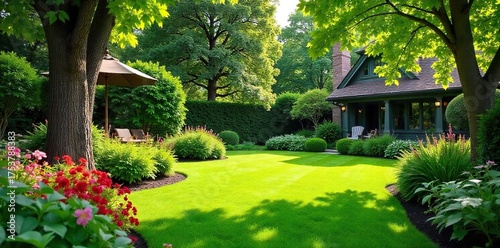 Serene Backyard Oasis Lush Lawn, Vibrant Flowers, and Mature Trees Perfect for Relaxation and Outdoor Entertaining. Ideal for Home Improvement, Gardening, and Outdoor Living Websites.