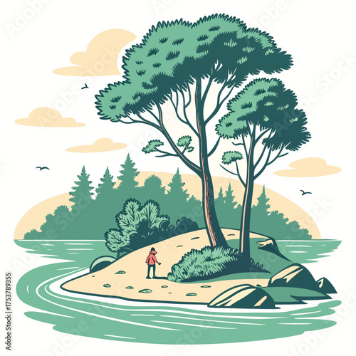 Flat Design Scenic Island in Lake Vector Illustration on White Background