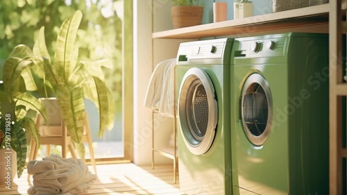 Wallpaper Mural A  of a green front-loading washing machine and dryer set against a bright window with plants on either side. The room has wooden furniture and a white countertop. Torontodigital.ca