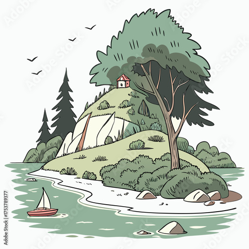 Flat Design Scenic Island in Lake Vector Illustration on White Background