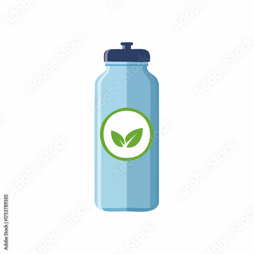 Minimalist illustration of a light blue reusable water bottle with a green circular logo featuring two stylized leaves, symbolizing eco-friendliness