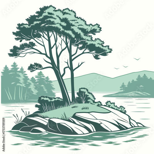 Flat Design Scenic Island in Lake Vector Illustration on White Background