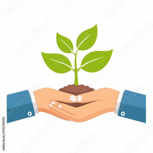Caring Hands Nurturing a Young Plant, a Flat Illustration Symbolizing Environmental Protection, Sustainable Growth, and New Beginnings for a Healthier Future