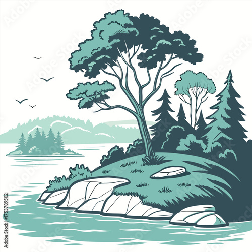 Flat Design Scenic Island in Lake Vector Illustration on White Background