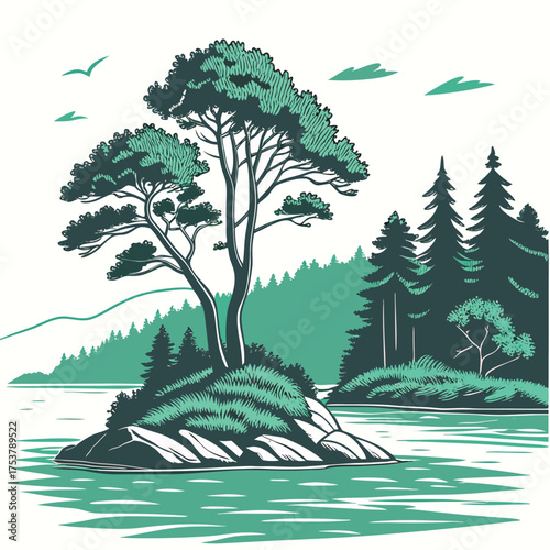 Flat Design Scenic Island in Lake Vector Illustration on White Background