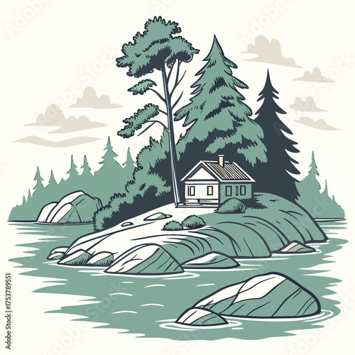 Flat Design Scenic Island in Lake Vector Illustration on White Background