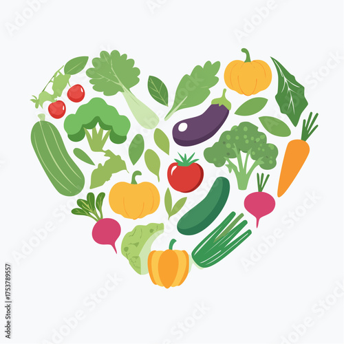 A vibrant heart-shaped arrangement of fresh, colorful vegetables and fruits, symbolizing healthy eating, natural nutrition, and a plant-based lifestyle for well-being and vitality