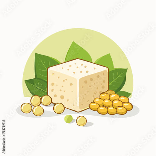 Vibrant flat vector illustration of a creamy white tofu block surrounded by fresh green soybeans and leaves, symbolizing healthy plant-based protein and vegetarian cuisine