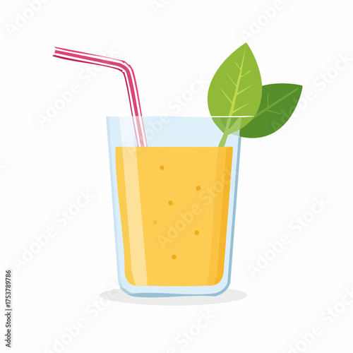 Simple and modern flat vector illustration of a healthy orange fruit smoothie in a glass with a drinking straw and fresh leaves
