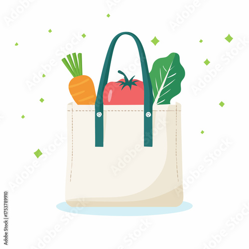 Flat vector illustration of a reusable tote bag filled with colorful organic vegetables, promoting sustainable shopping and healthy eating habits