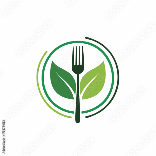 Vector icon of a fork with green leaves in a circle, representing healthy eating, vegetarian food, and organic nutrition concepts