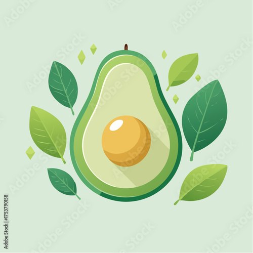 Vibrant flat design illustration of a sliced green avocado with its seed, surrounded by fresh leaves. Healthy food and vegetarian concept
