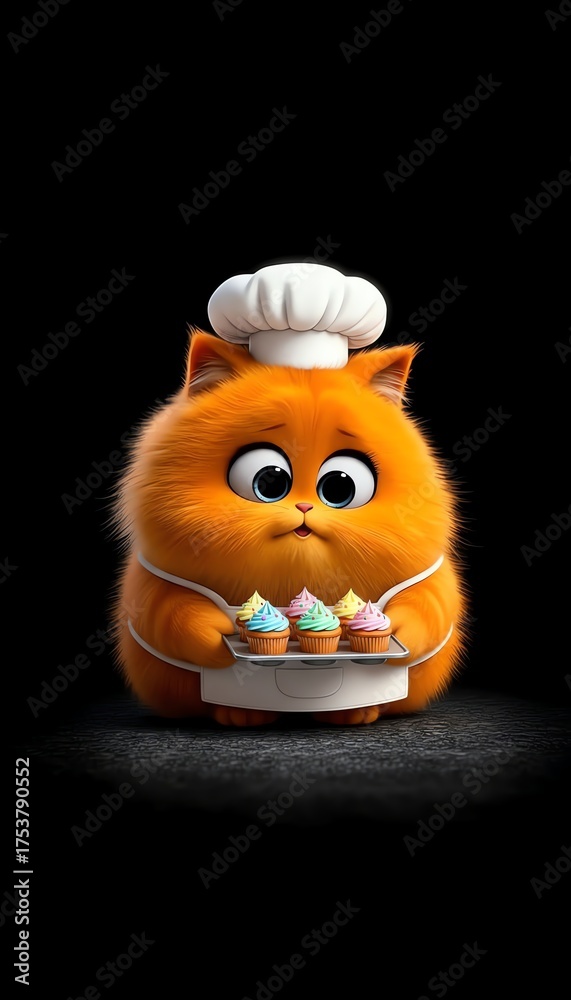 Fototapeta premium A fluffy orange cat wearing a chef hat and apron holding a tray of cupcakes