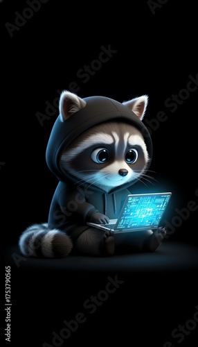 A raccoon in a hoodie uses a glowing laptop in the dark