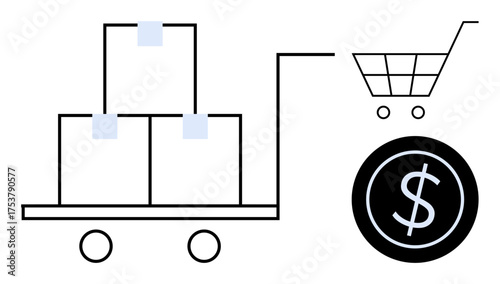 Trolley with stacked packages, shopping cart, and dollar coin outline transaction flow. Ideal for logistics, delivery, e-commerce, retail, payment trade and business communication. Simple flat