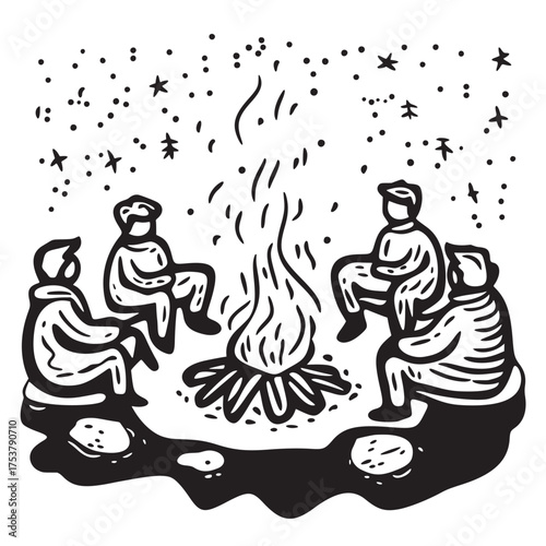 flat outline vector illustration simple style of nighttime campfire gatherings