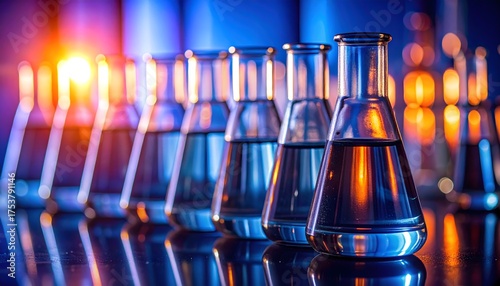 Filas de matraces de vidrio con líquido azul en laboratorio iluminado