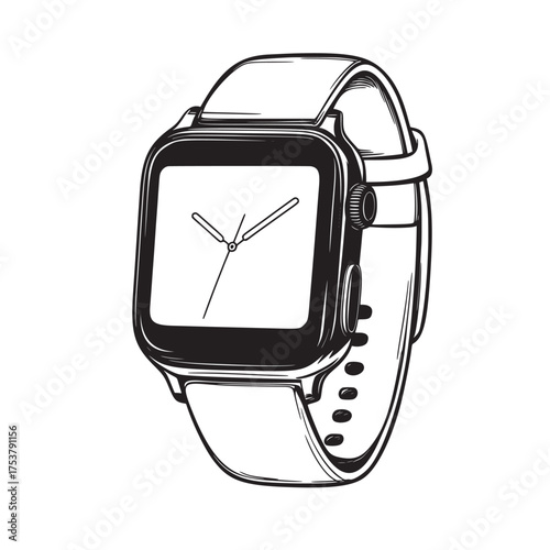 hand drawn outline line art illustration of smartwatch with a sleek digital face