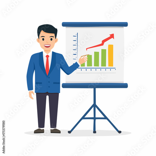 Man in suit presenting a financial growth chart on a flip chart with upward trending bars and an arrow