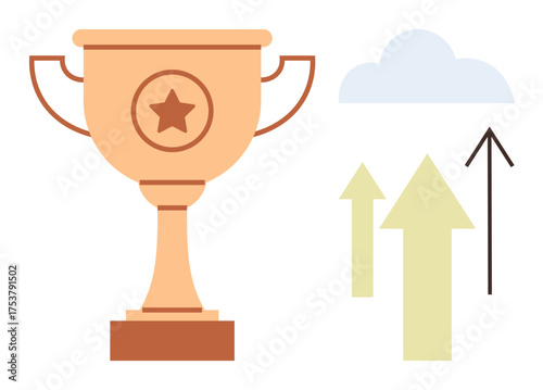 Trophy with star emblem alongside upward arrows and cloud symbolizing success, progress, and inspiration. Ideal for leadership, achievement, motivation, goal setting, growth strategy, business