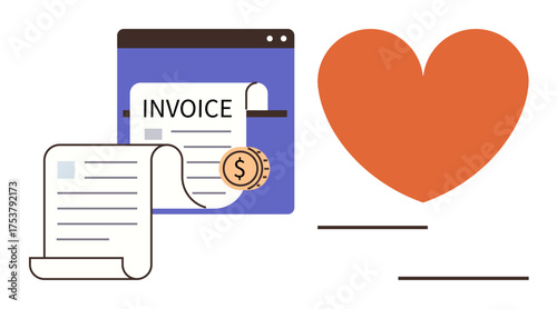 Billing interface with invoice, document scroll, and coin next to heart. Ideal for finance, e-commerce, payment services, customer care, business operations budgeting positive service. Simple flat