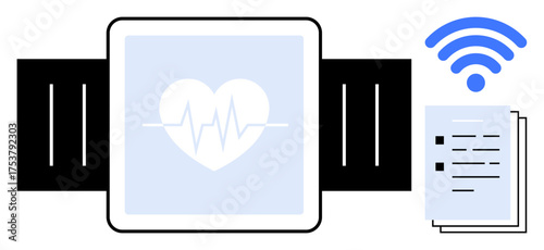 Smartwatch displaying heart rate with ECG line, wireless symbol for connectivity, and data reports. Ideal for health monitoring, fitness, telemedicine, connectivity, innovation, technology simple