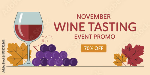 Wine tasting promo has wine glass grapes autumn leaves  70 OFF