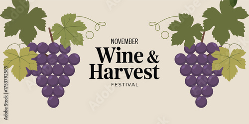 Wine  Harvest Festival graphic Grape bunches flank text on a beige background Leaves  vines accent the design