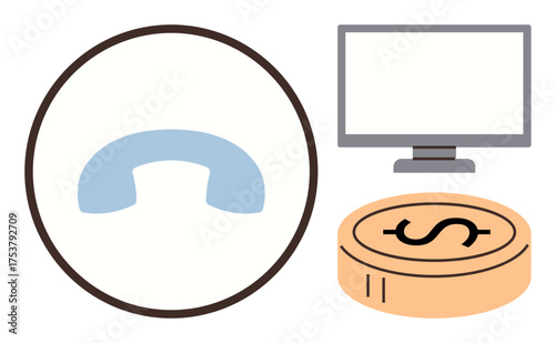 Retro phone receiver inside a circle, computer monitor, and coin illustrating connection, digital technology, money, commerce, telecommunication, teamwork and financial transactions. A simple flat