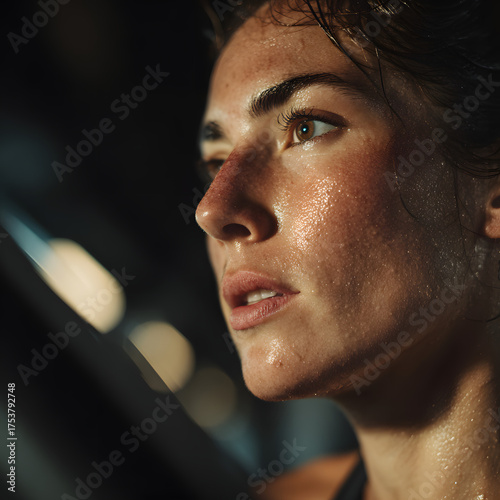 Focused womans face glistening with sweat during workout
