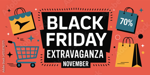 Black Friday Extravaganza promotion wshopping icons on red featuring sale bag  shopping cart