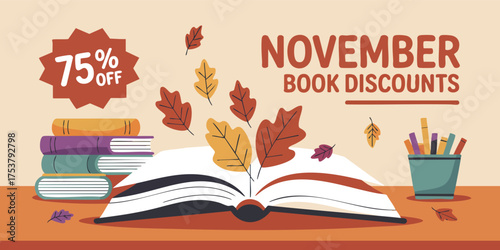Book discount ad stacked books open book falling leaves stationery on a table