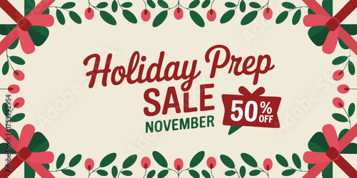 Holiday sale ad with floral border ribbons and 50 OFF on a gift tag