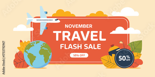 Illustration featuring a plane earth and November Travel Flash Sale text on a banner