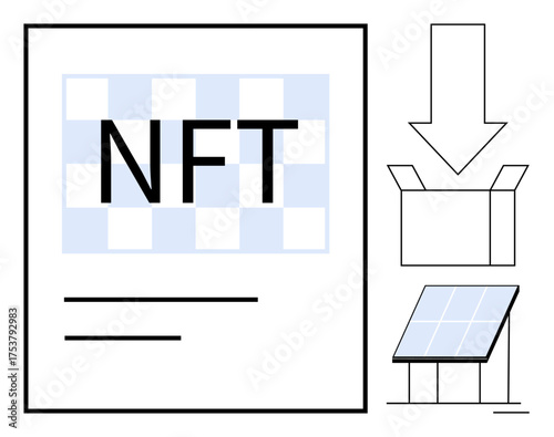 NFT file with grid pattern, download arrow, open cardboard box, solar panel on stand. Ideal for blockchain, digital asset, sustainability, renewable energy packaging technology clean energy. A