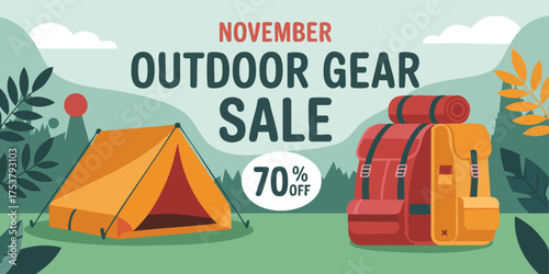 November outdoor gear sale with a tent backpack and 70 off promotion