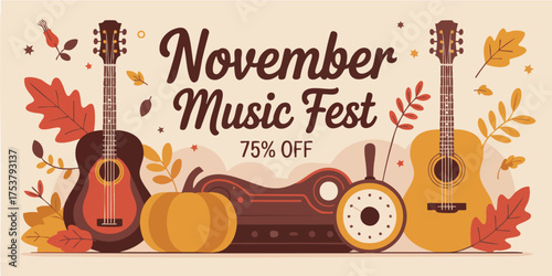 November music festival promotion featuring guitars pumpkin and autumn leaves