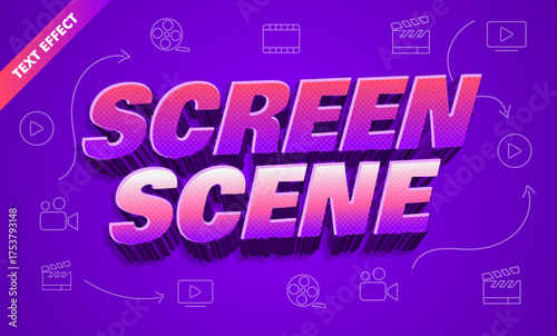 Screen scene editable text effect, retro pop art 3d typography, movie film title design