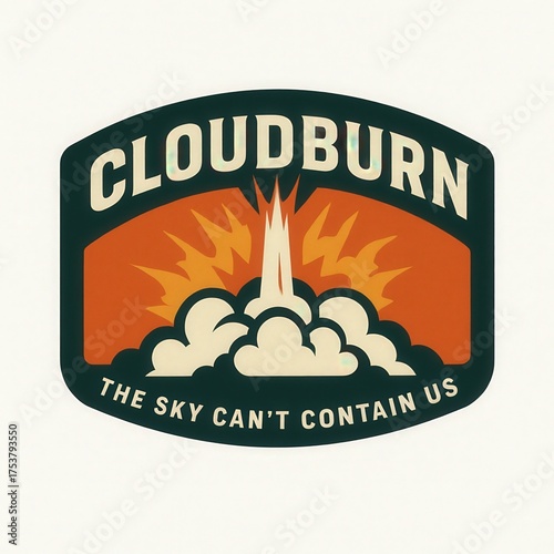 Rocket launch erupts from clouds with fiery exhaust and text.