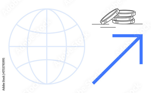 Globe, coins, upward arrow representing global economy, growth, financial success. Ideal for economy, finance, globalization success growth investment entrepreneurship. A simple flat metaphor
