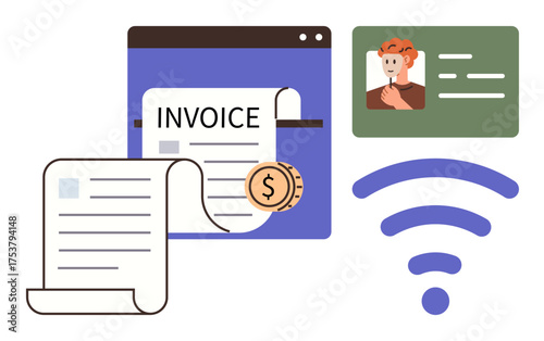 Digital invoice with rolled paper and coin, identification card, and wireless signal representing online payment, authentication, and connectivity. Ideal for finance, e-commerce, technology, identity